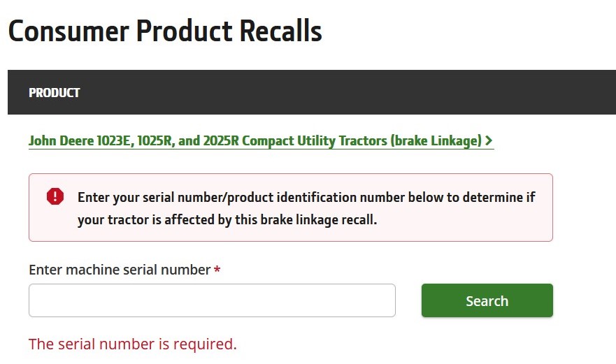 Recall Webpage from John Deere